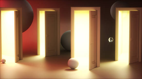 Bright Light from doorways of slightly open doors in a room with geometric objects of spheres. Modern minimal concept. 3D render illustration.