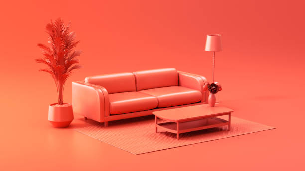 istock Miniature interior room with sofa, table, lamp, carpet and plant on red background. 2053119111