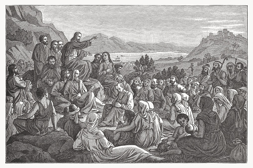 Jesus' Sermon on the Mount (Matthew 5-7). Wood engraving after a drawing by Julius Steglich (German painter and illustrator, 1839 - 1913), published ca. 1890.