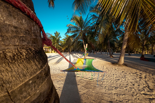 Hammock on a Tropical Island With Beautiful Beach, Zanzibar, Tanzania. Summer Holiday and Vacation Concept.