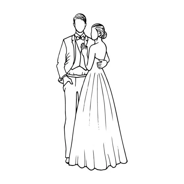 Vector illustration of bride and groom hugging in full length. hand-drawn sketch of a man in a suit and a woman in a bustier dress whom he is hugging