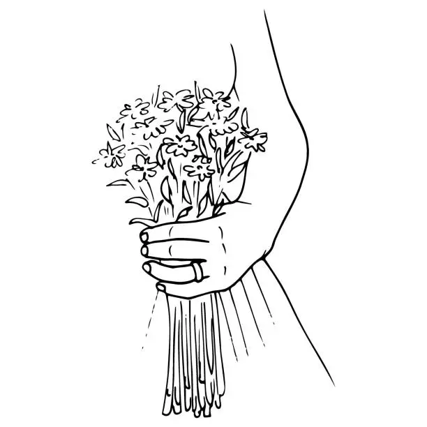 Vector illustration of woman's left hand with a ring on the ring finger holds a bridal bouquet. hand drawn sketch of a bride with flowers