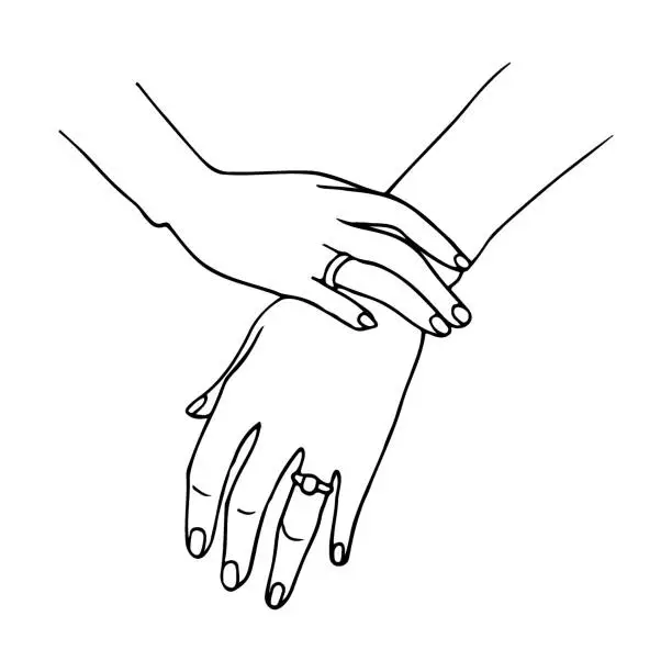 Vector illustration of women's graceful hands with rings on the ring fingers. hands of the bride sketch