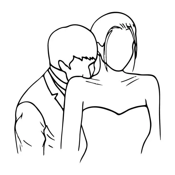 Vector illustration of man tenderly kisses a woman behind her. hand-drawn groom tender kiss on the back of the bride