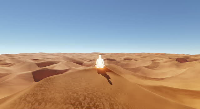 3D rendering of a glowing person meditating in the desert dunes showing the essence of tranquility and mindfulness. Concept of self-discovery, relaxation, and rejuvenation