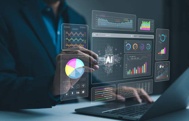 Businessman analysis enterprise data management by AI artificial intelligence technology. Business analytics dashboard charts, metrics, KPI to improve, insight report for operation. Analyst marketing, stock photo