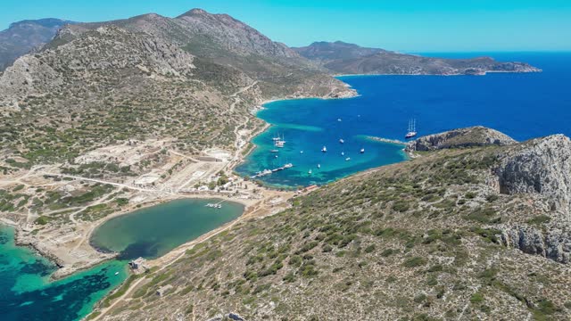 Aerial view of Knidos theater and ancient city, located in Datca District of Mugla Province, Turkiye. 4k resolution.