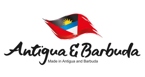 Vector illustration of Made in Antigua and Barbuda new handwritten flag ribbon typography lettering logo label banner