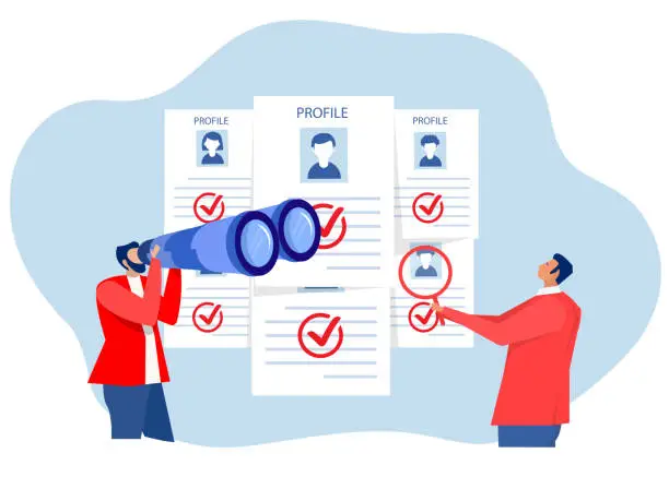 Vector illustration of Human Resource Management and Hiring ,HR Human Resources find people to fill in job vacancy, recruitment or finding career opportunity concept choosing best candidate for job.