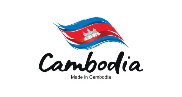 Vector illustration of Made in Cambodia handwritten flag ribbon typography lettering logo label banner