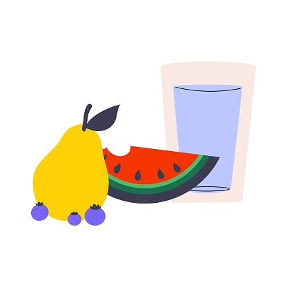 Colourful illustration of pear, watermelo,, blueberries and glass of water. Handdrawn eating healthy vector concept.