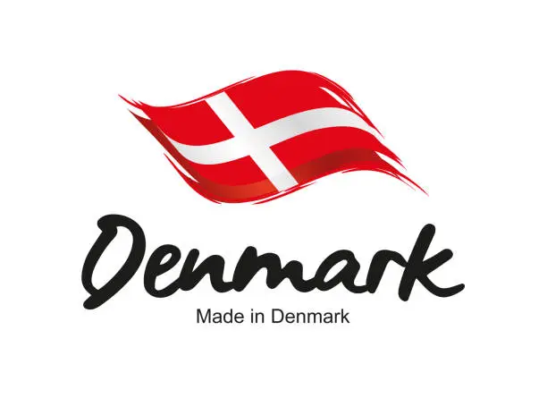 Vector illustration of Made in Denmark handwritten flag ribbon typography lettering  label banner