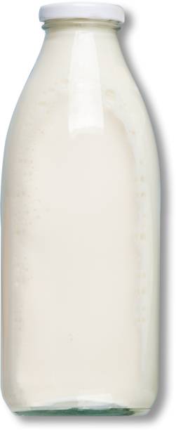 istock Close up view white milk on the transparent bottle. 2053164484