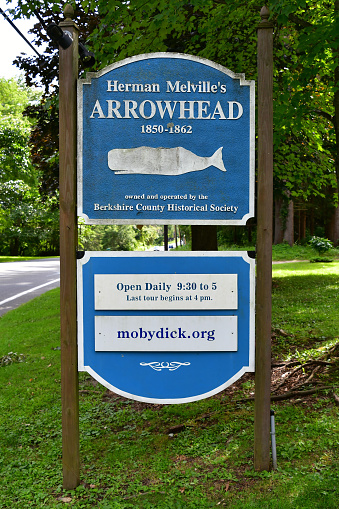 Roadside sign on the front lawn of Herman Melville's house in Pittsfield, Massachusetts, which he called Arrowhead. He lived here in the mid-1800s, writing 