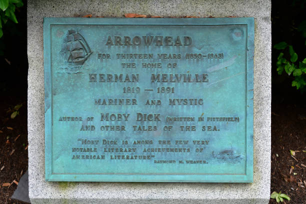 Historical plaque on the front lawn of Herman Melville's house in Pittsfield, Massachusetts, which he called Arrowhead. He lived here in the mid-1800s, writing \