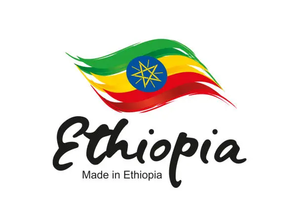 Vector illustration of Made in Ethiopia handwritten flag ribbon typography lettering  label banner