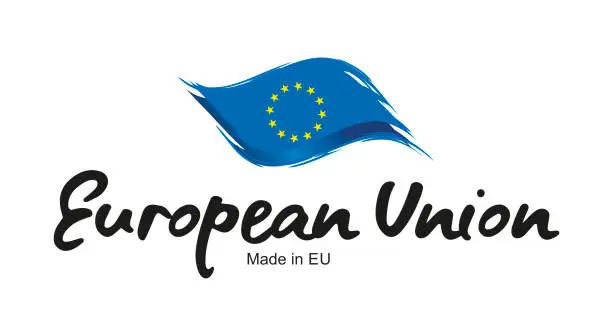Vector illustration of Made in EU handwritten flag ribbon typography lettering logo label banner
