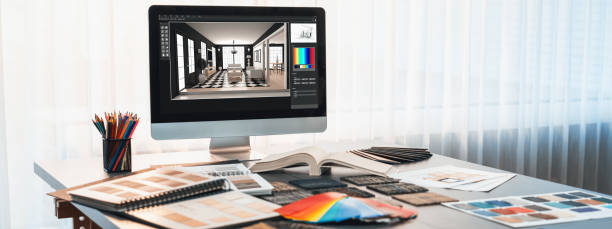 istock Modern interior design office with laptop and colorful board materials. Insight 2053166648