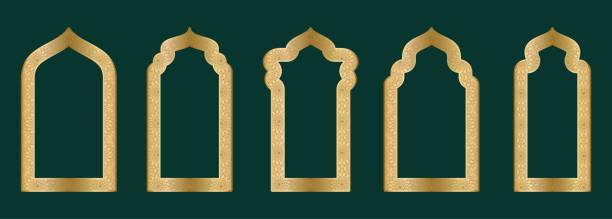 ilustrações, clipart, desenhos animados e ícones de gold arch frame shape islamic door or window with geometric girikh pattern, silhouette arabic arch. luxury set in oriental style. frames in arabic muslim design for ramadan kareem. vector illustration - mirror ornate silhouette vector