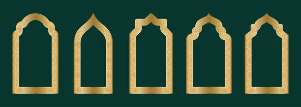 gold arch frame shape islamic door or window with geometric girikh pattern, silhouette arabic arch. luxury set in oriental style. frames in arabic muslim design for ramadan kareem. vector illustration - mirror ornate silhouette vector stock illustrations