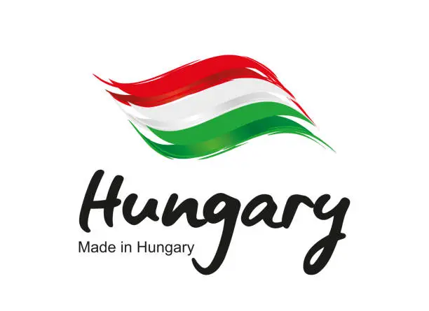 Vector illustration of Made in Hungary handwritten flag ribbon typography lettering logo label banner