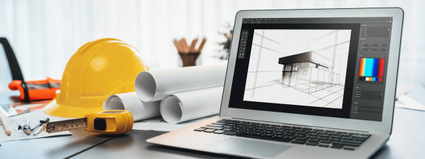 istock Digital blueprint by architecture design software on laptop screen. Insight 2053182283