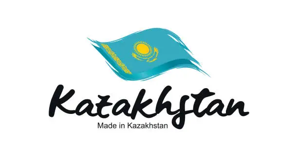 Vector illustration of Made in Kazakhstan handwritten flag ribbon typography lettering logo label banner