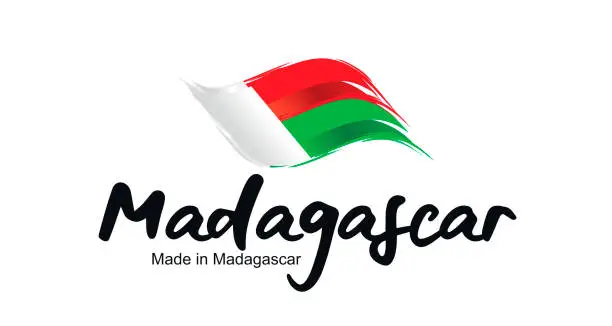 Vector illustration of Made in Madagascar handwritten flag ribbon typography lettering logo label banner