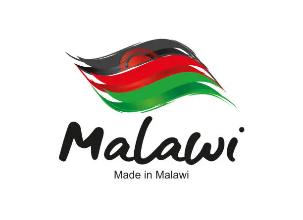 Vector illustration of Made in Malawi handwritten flag ribbon typography lettering logo label banner