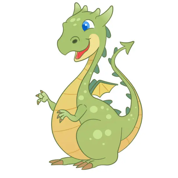 Vector illustration of Cute cartoon style green dragon isolated on white background.