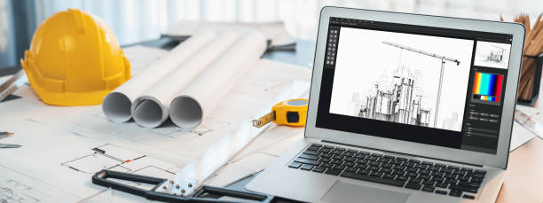 istock Digital blueprint by architecture design software on laptop screen. Insight 2053203807