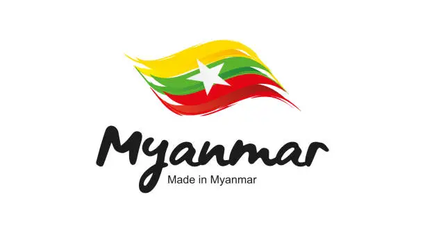 Vector illustration of Made in Myanmar handwritten flag ribbon typography lettering logo label banner
