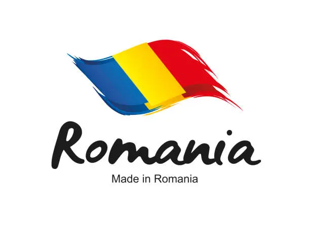 Vector illustration of Made in Romania new handwritten flag ribbon typography lettering logo label banner