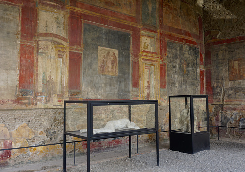Italy, Pompeii, June 14th, 2023. Frescoes and an exhibition in the complex of the historical city of Pompeii