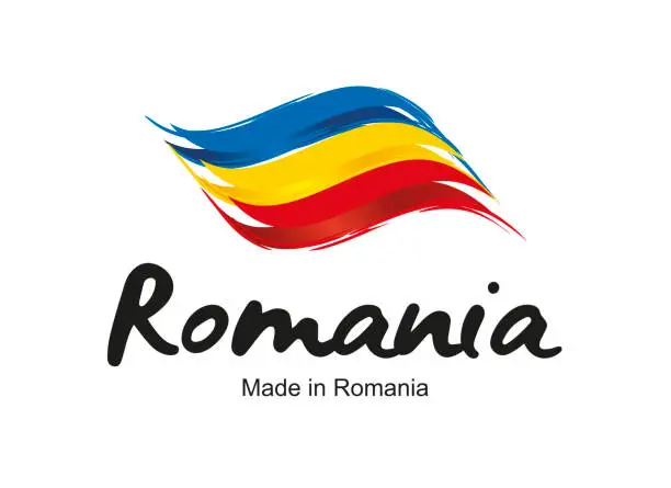 Vector illustration of Made in Romania handwritten flag ribbon typography lettering logo label banner