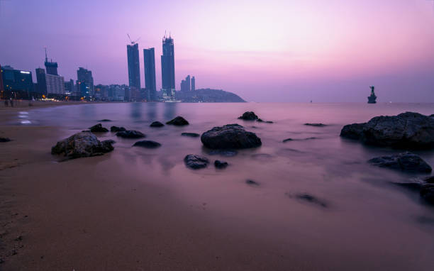 Landscape long exposure view of Haeundae beach, Busan.