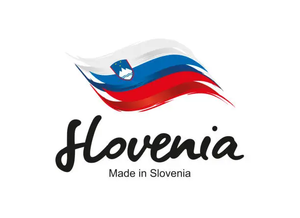 Vector illustration of Made in Slovenia handwritten flag ribbon typography lettering logo label banner