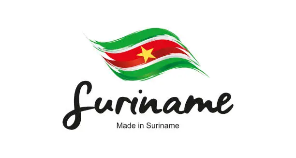 Vector illustration of Made in Suriname handwritten flag ribbon typography lettering logo label banner