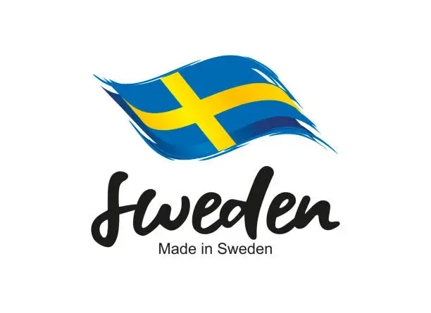 Vector illustration of Made in Sweden handwritten flag ribbon typography lettering logo label banner