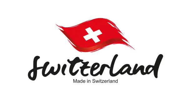 Vector illustration of Made in Switzerland handwritten flag ribbon typography lettering logo label banner