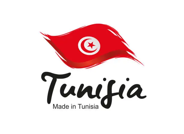 Vector illustration of Made in Tunisia handwritten flag ribbon typography lettering logo label banner