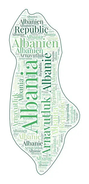 Vector illustration of Albania shape filled with country name in many languages. Albania map in wordcloud style. Trendy vector illustration.
