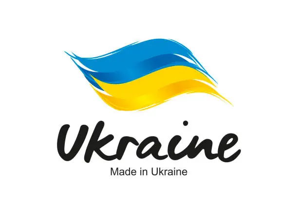 Vector illustration of Made in Ukraine handwritten flag ribbon typography lettering logo label banner