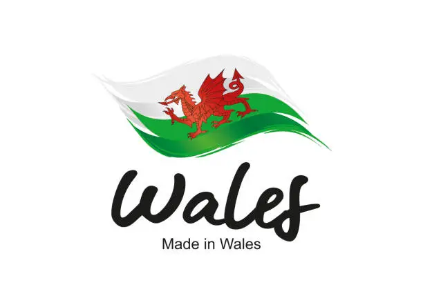 Vector illustration of Made in Wales handwritten flag ribbon typography lettering logo label banner