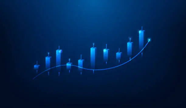 Vector illustration of 3d business digital investment trading candlestick stock marketing on blue background. finance graph growth increase digital technology. vector illustration fantastic hi-tech design.