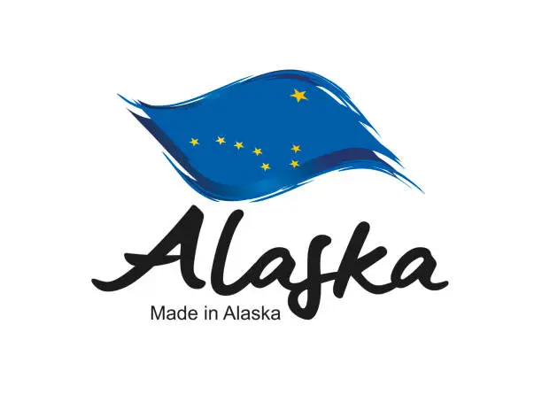 Vector illustration of Made in Alaska USA new handwritten flag ribbon typography lettering logo label banner