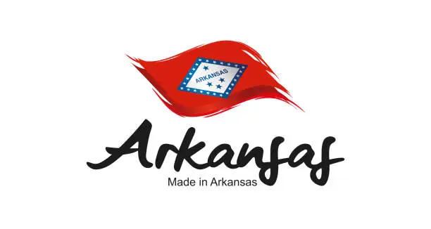Vector illustration of Made in Arkansas USA new handwritten flag ribbon typography lettering logo label banner
