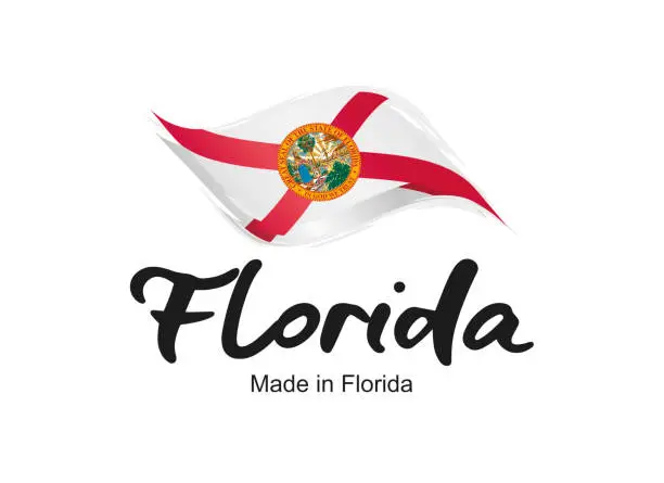 Vector illustration of Made in Florida USA new handwritten flag ribbon typography lettering logo label banner