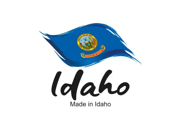 Vector illustration of Made in Idaho USA new handwritten flag ribbon typography lettering logo label banner