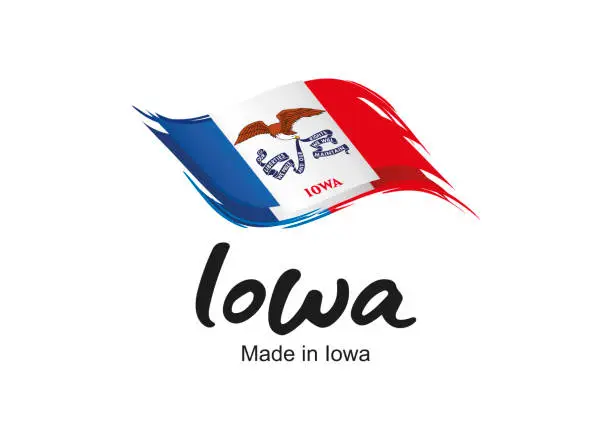 Vector illustration of Made in Iowa USA new handwritten flag ribbon typography lettering logo label banner